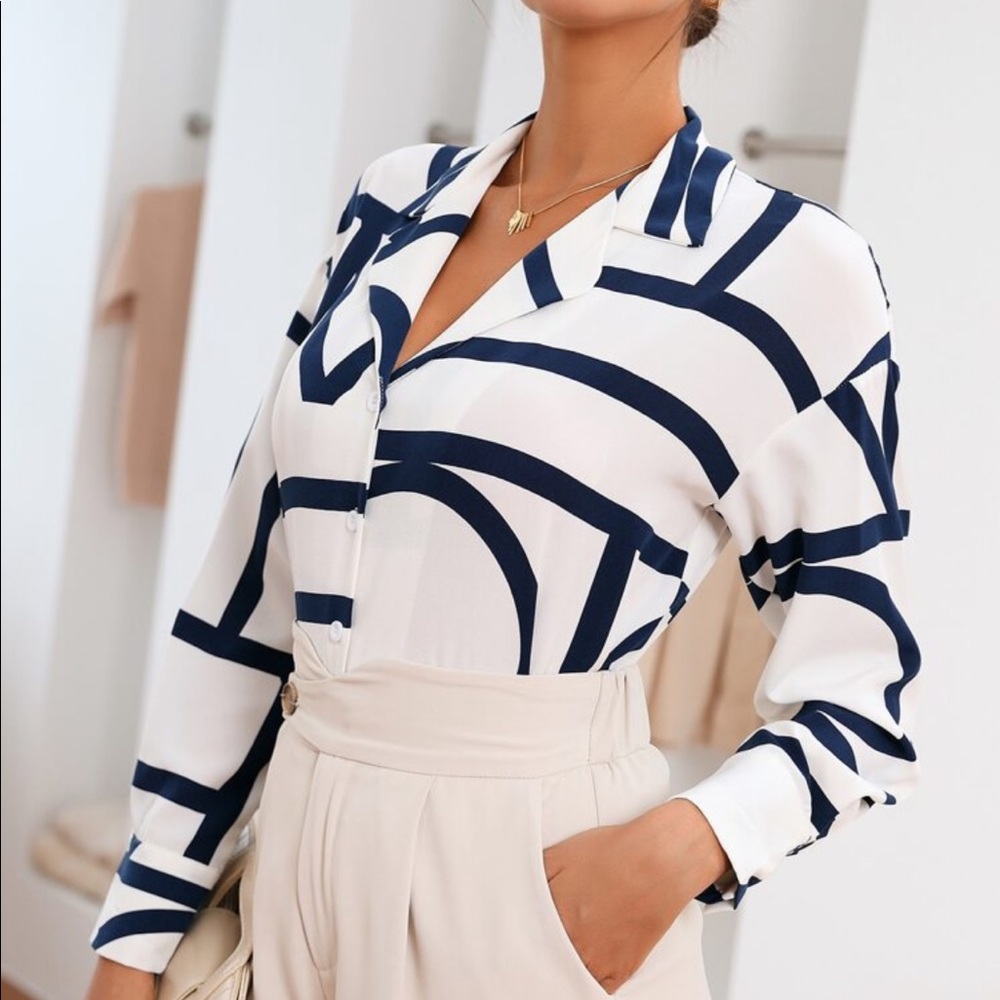 Elegant Abstract Geo Loose Relaxed Fit Print Button Down Shirt - Picture 11 of 16